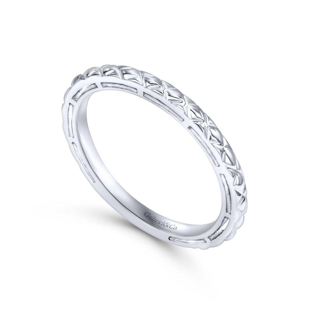 14K White Gold Quilted Pattern Stackable  Ring