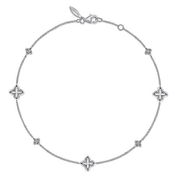925 Sterling Silver White Sapphire Ankle Bracelet with Clover Stations
