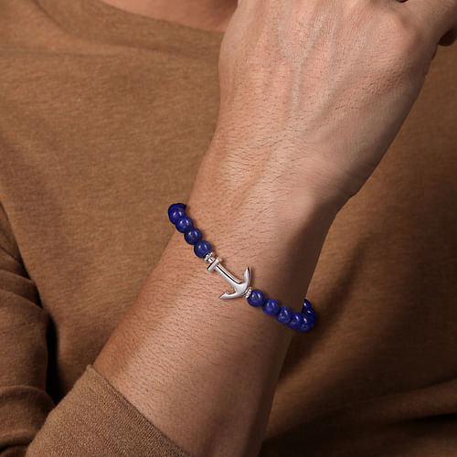 Sterling Silver and 8mm Lapis Beaded Bracelet with Anchor - 2024 Christmas Catalog Pg. 6