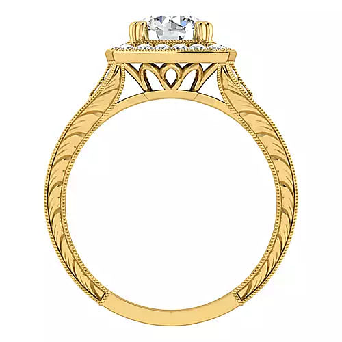 Ilana - Vintage Inspired 18K Yellow Gold Cushion Halo Round Diamond Engagement Ring