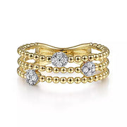 Page 4 - 14K Yellow Gold Three Row Beaded Ring with Pavé Diamond Cluster Stations