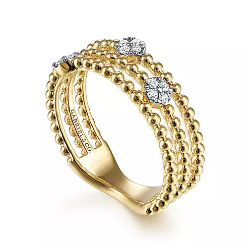 Page 4 - 14K Yellow Gold Three Row Beaded Ring with Pavé Diamond Cluster Stations