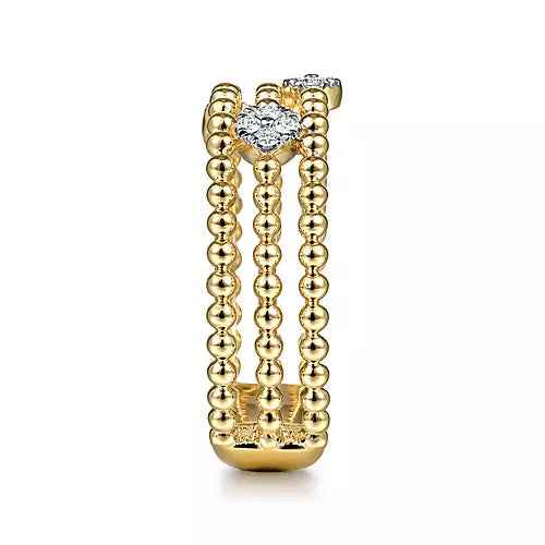 Page 4 - 14K Yellow Gold Three Row Beaded Ring with Pavé Diamond Cluster Stations