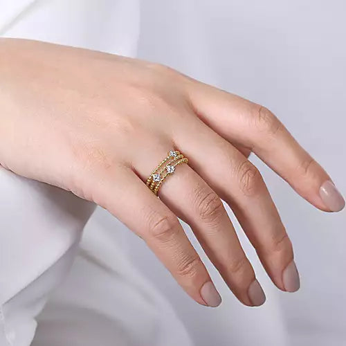 Page 4 - 14K Yellow Gold Three Row Beaded Ring with Pavé Diamond Cluster Stations
