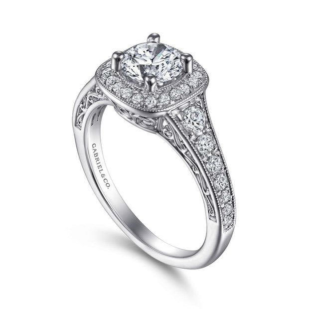 Vintage Inspired 14K White Gold Cushion Halo Round Diamond Engagement Ring