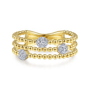 14K Yellow Gold Three Row Beaded Ring with Pavé Diamond Cluster Stations