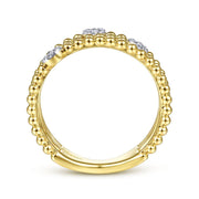 14K Yellow Gold Three Row Beaded Ring with Pavé Diamond Cluster Stations