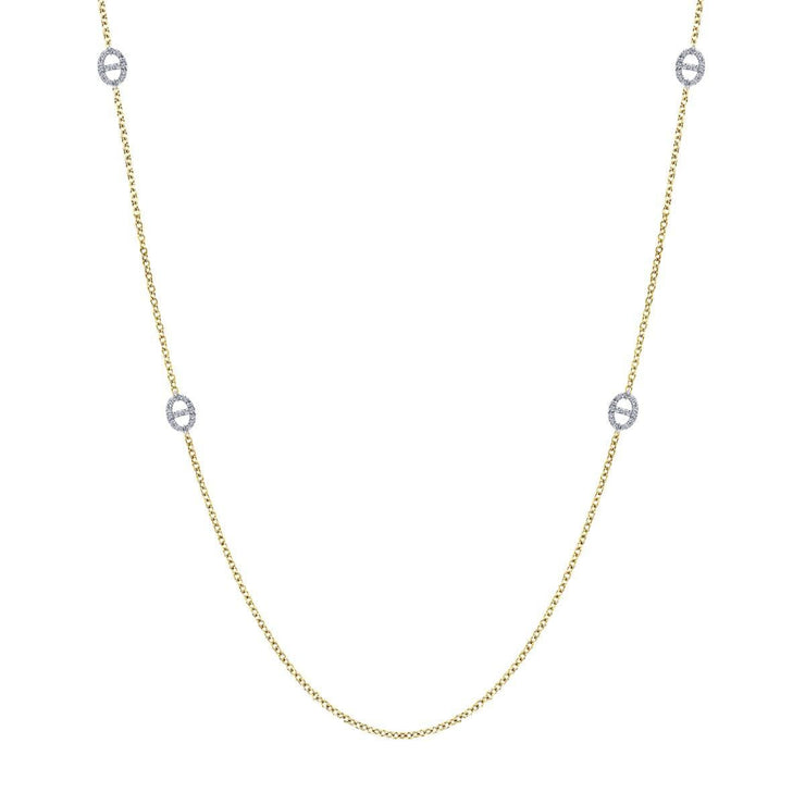 28" 14K Yellow-White Gold Oval Diamond Link Station Necklace