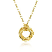 14K Yellow Gold Plain and Bujukan Beaded Interlocking Circles Pendant Necklace